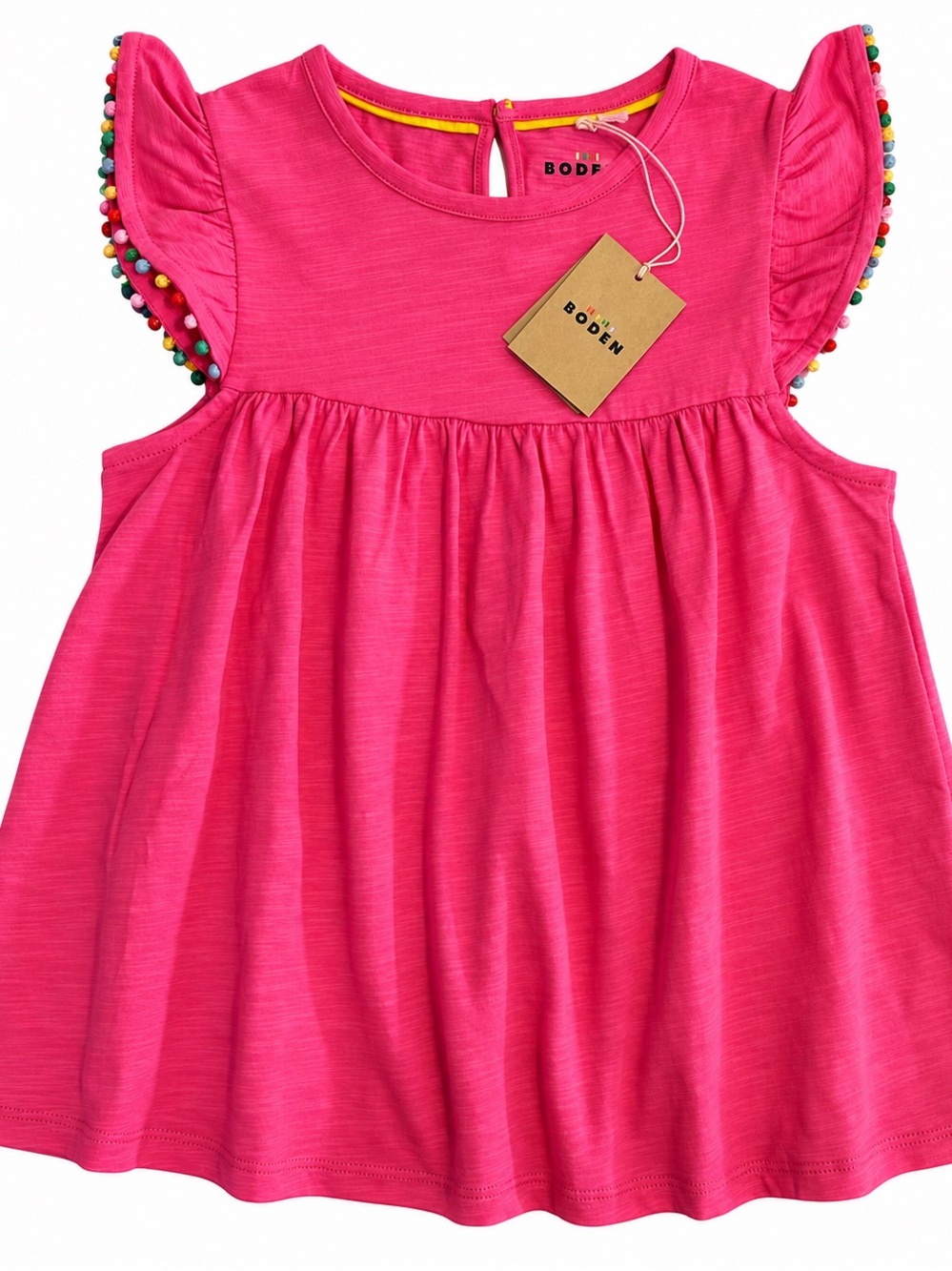 Mini Boden Girls 9-10Y Pink Pom Pom Flutter Sleeve Top NWT